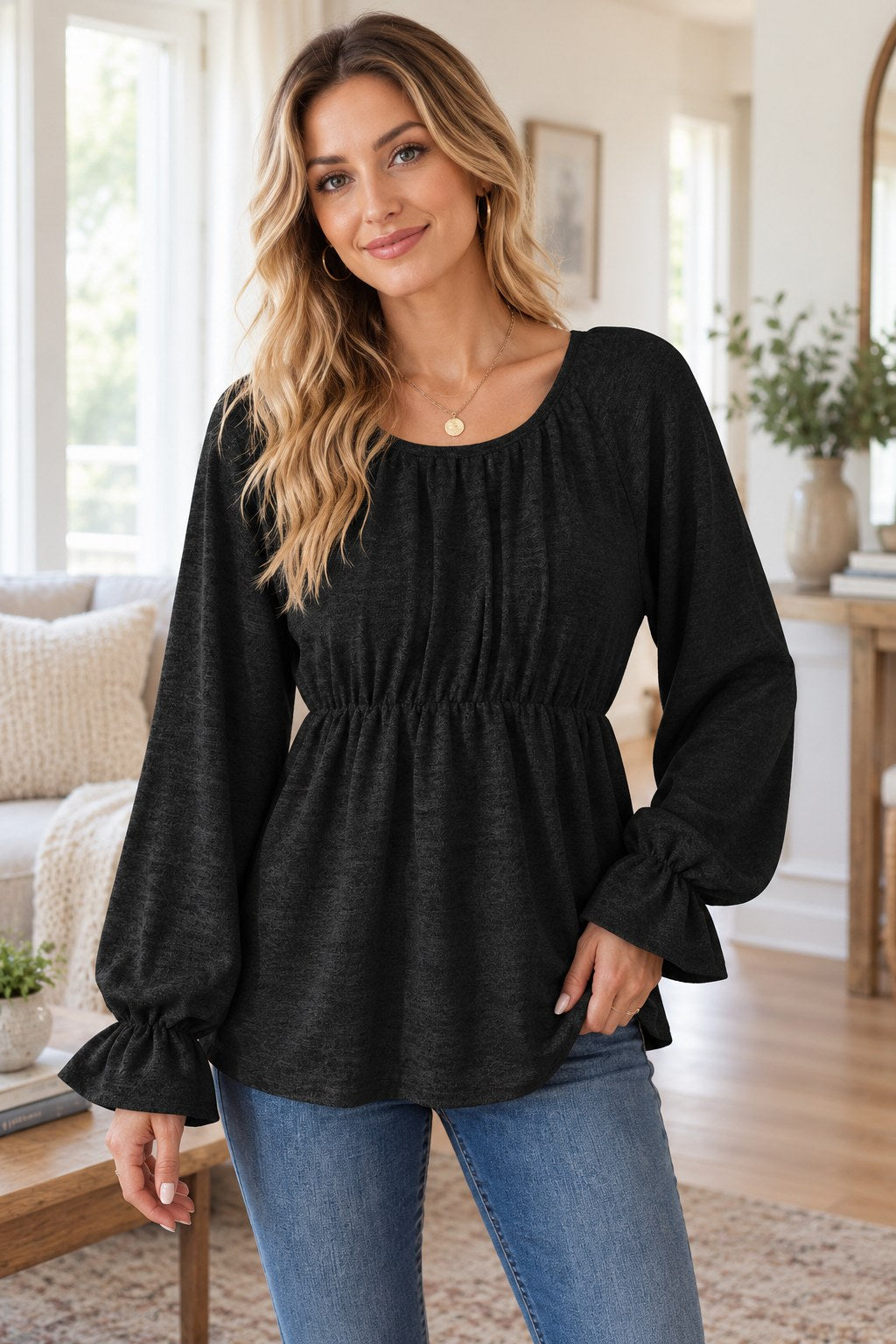 Ruched Round Neck Flounce Sleeve Blouse styled on a model