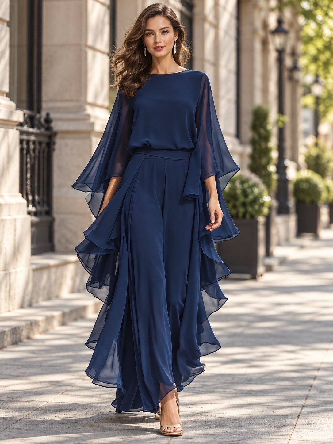Ruffled Chiffon Long Sleeve Top Pants Set styled on a model