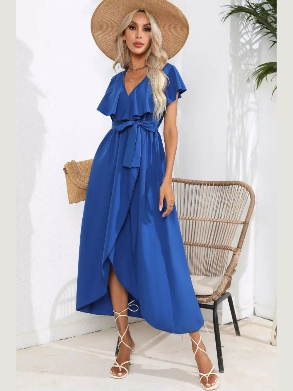 Ruffled Tied V-neck Midi Dress