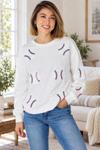 Sequin Baseball Round Neck Dropped Shoulder Sweatshirt styled on a model