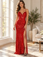 Sequin High Slit Maxi Dress styled on a model