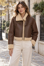 Short Faux Fur Coat with Stand Collar styled on a model