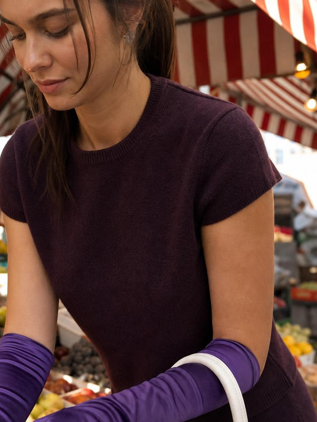 Short Satin Bridal Gloves worn by a model