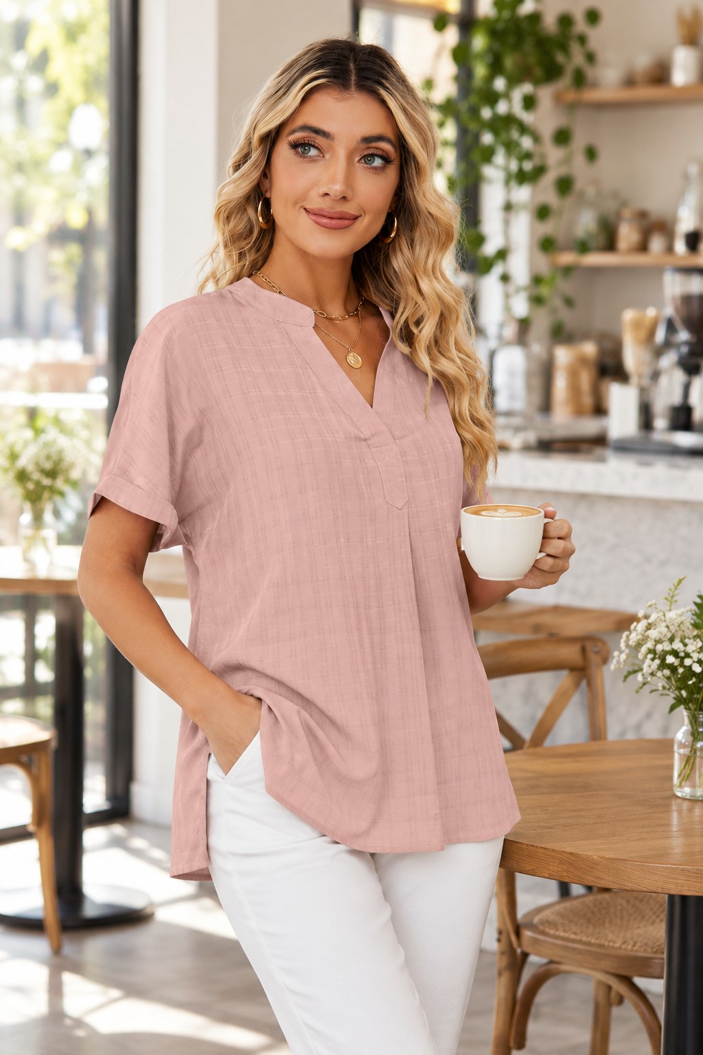 Side Slit Notched Neck Cuffed Short Sleeve Blouse styled on a model