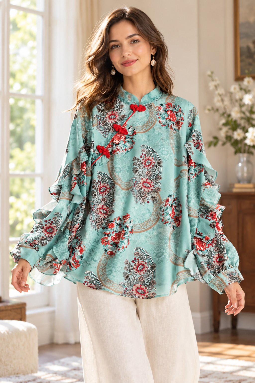 Silk Print Top styled on a model