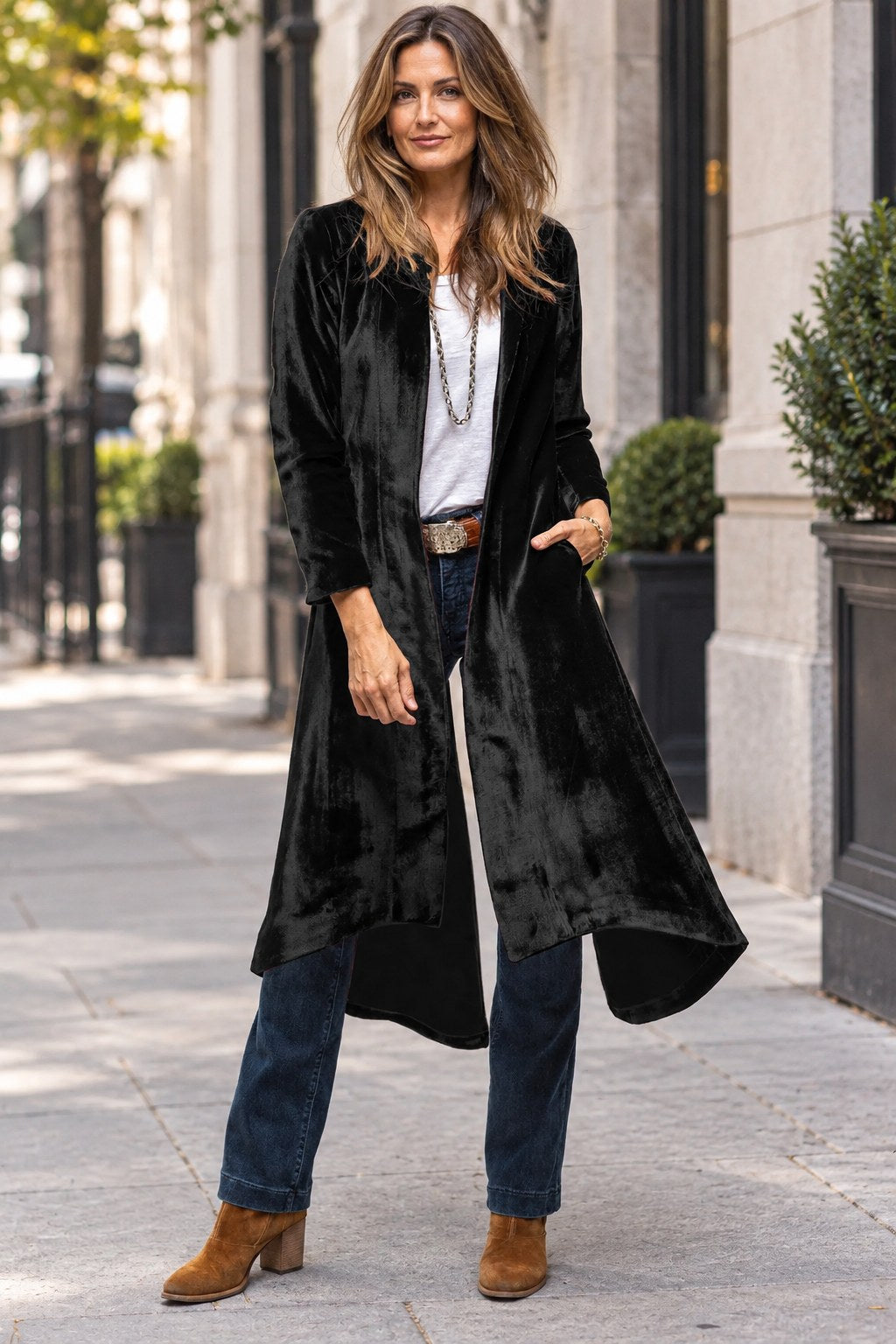 Slit Back Open Front Cardigan styled on a model