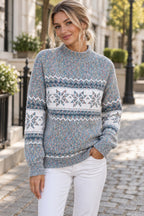 Snowflake Pattern Mock Neck Sweater styled on a model