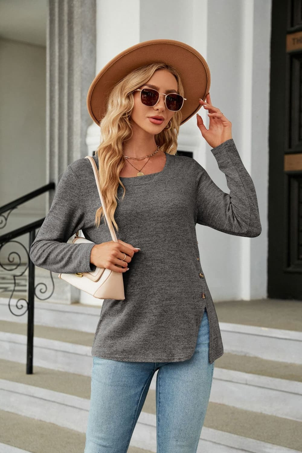 Square Neck Long Sleeve Slit T-shirt