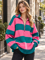 Striped Half-zip Oversized Sweatshirt styled on a model