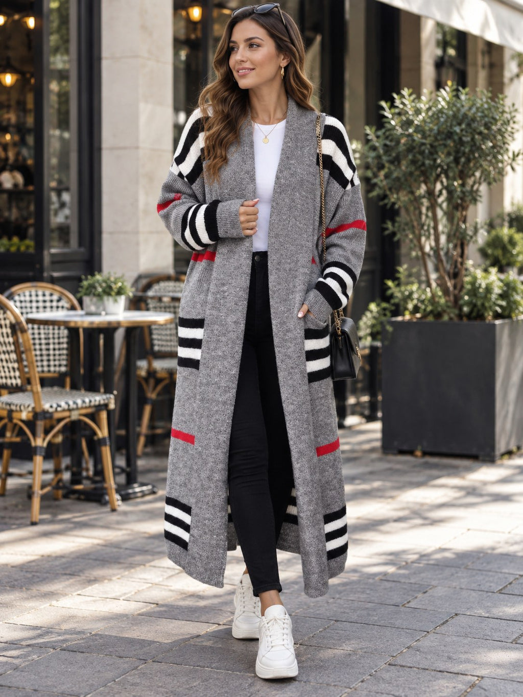 Striped Longline Open Front Cardigan styled on a model