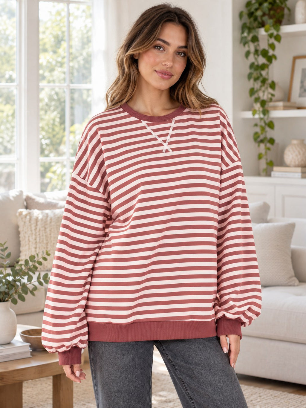 Striped Round Neck Long Sleeve Sweatshirt styled on a model
