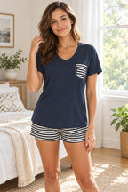 Striped Short-Sleeve Top and Shorts Lounge Set styled on a model