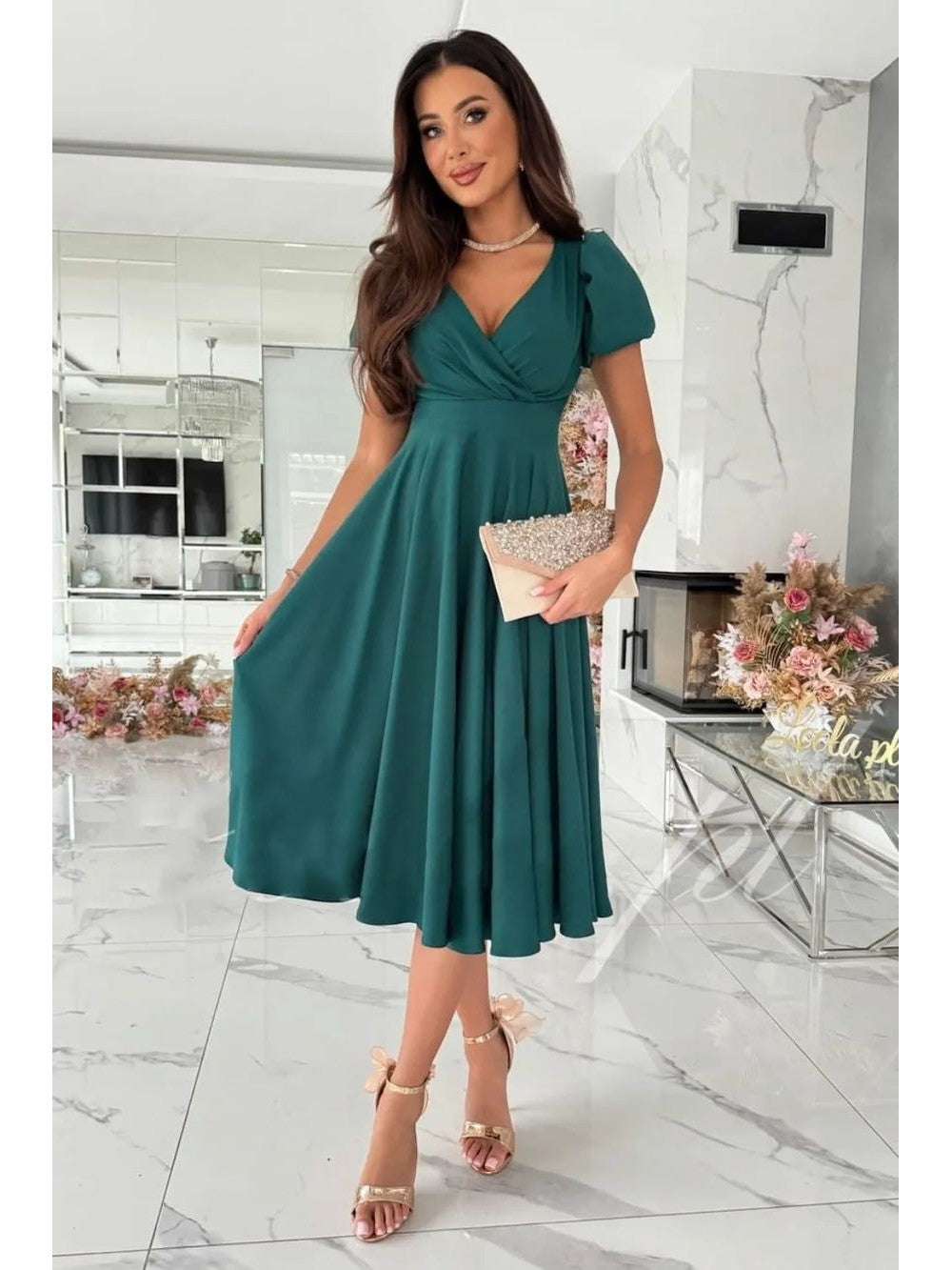 Surplice Puff Sleeve Midi Dress