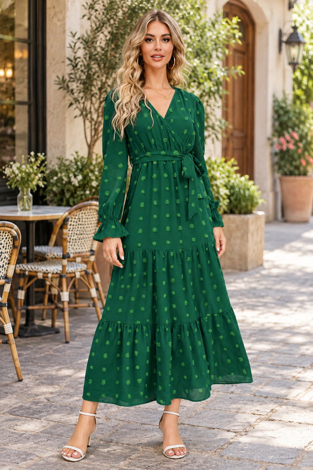 Swiss Dot Tied Surplice Flounce Sleeve Dress styled on a model