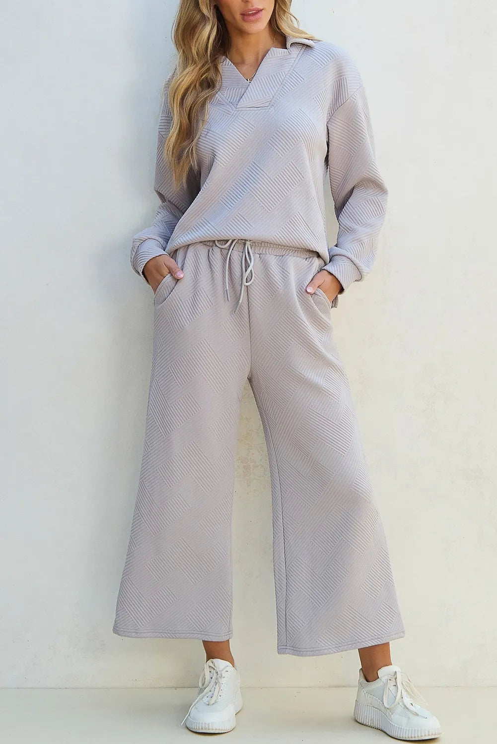 Textured Long-Sleeve Top and Drawstring Pants Set