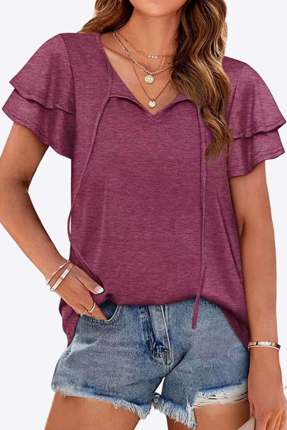 Tie-neck Layered Flutter Sleeve Blouse