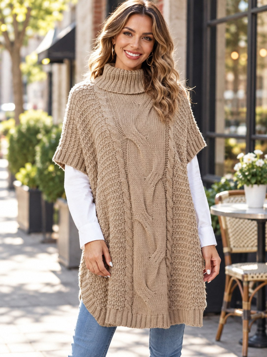 Turtleneck Cable-knit Short Sleeve Oversized Sweater styled on a model