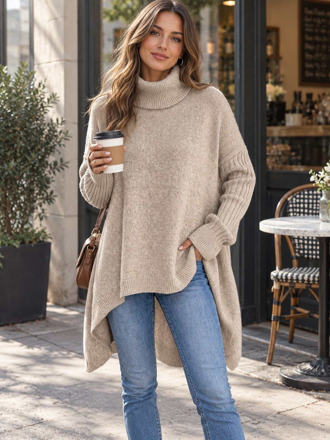 Turtleneck High-low Hem Sweater styled on a model