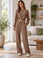 Twist-front Long Sleeve Top Pants Set styled on a model