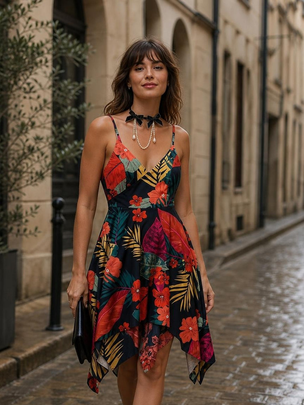 V-neck Chiffon Dress worn by a model