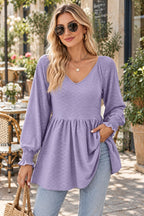 V-neck Lantern Sleeve Blouse styled on a model