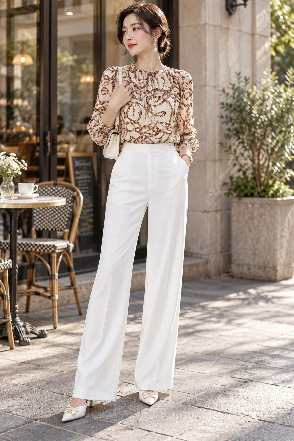 White Wide Leg Pants High Waist Korean Loose Straight Leg styled on a model