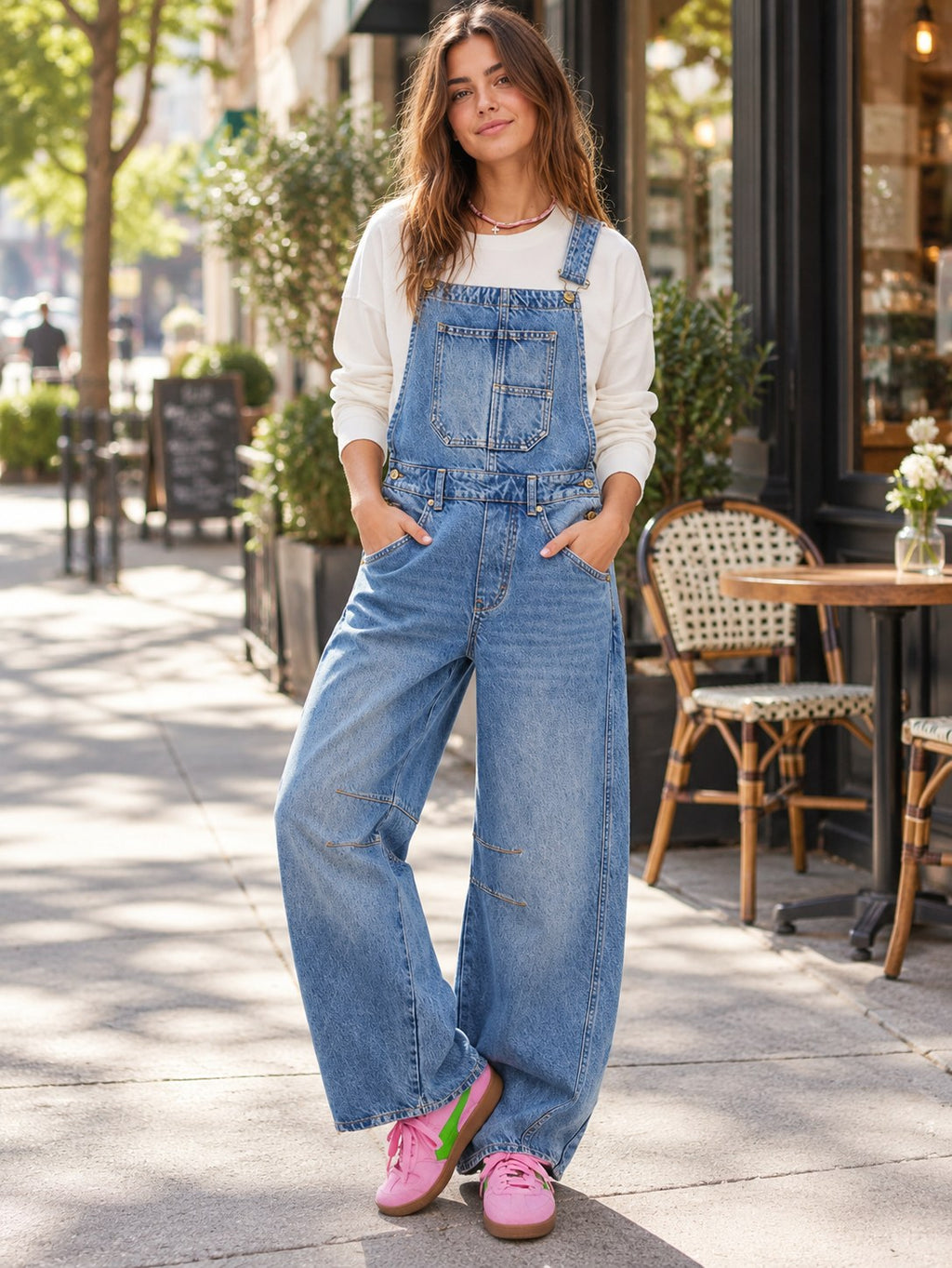 Wide Strap Wide Leg Denim Overalls styled on a model