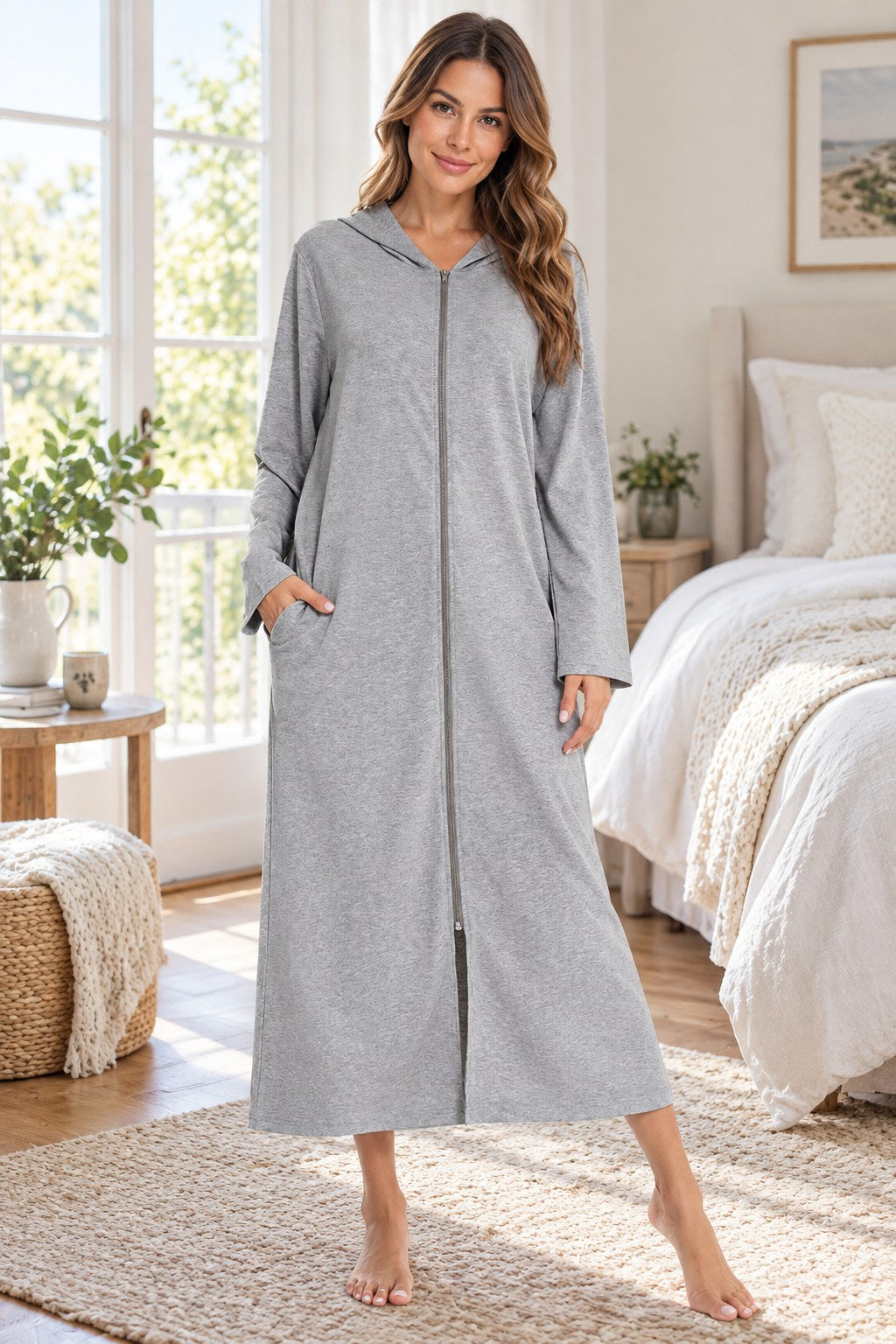 Zip Front Hooded Night Dress Pockets styled on a model
