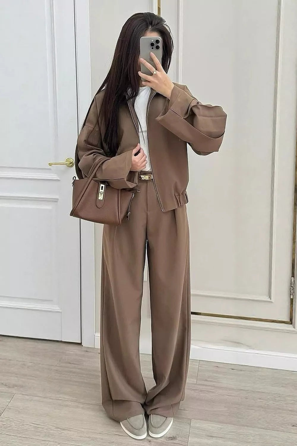 Zip-Up Jacket and Wide-Leg Pants Set