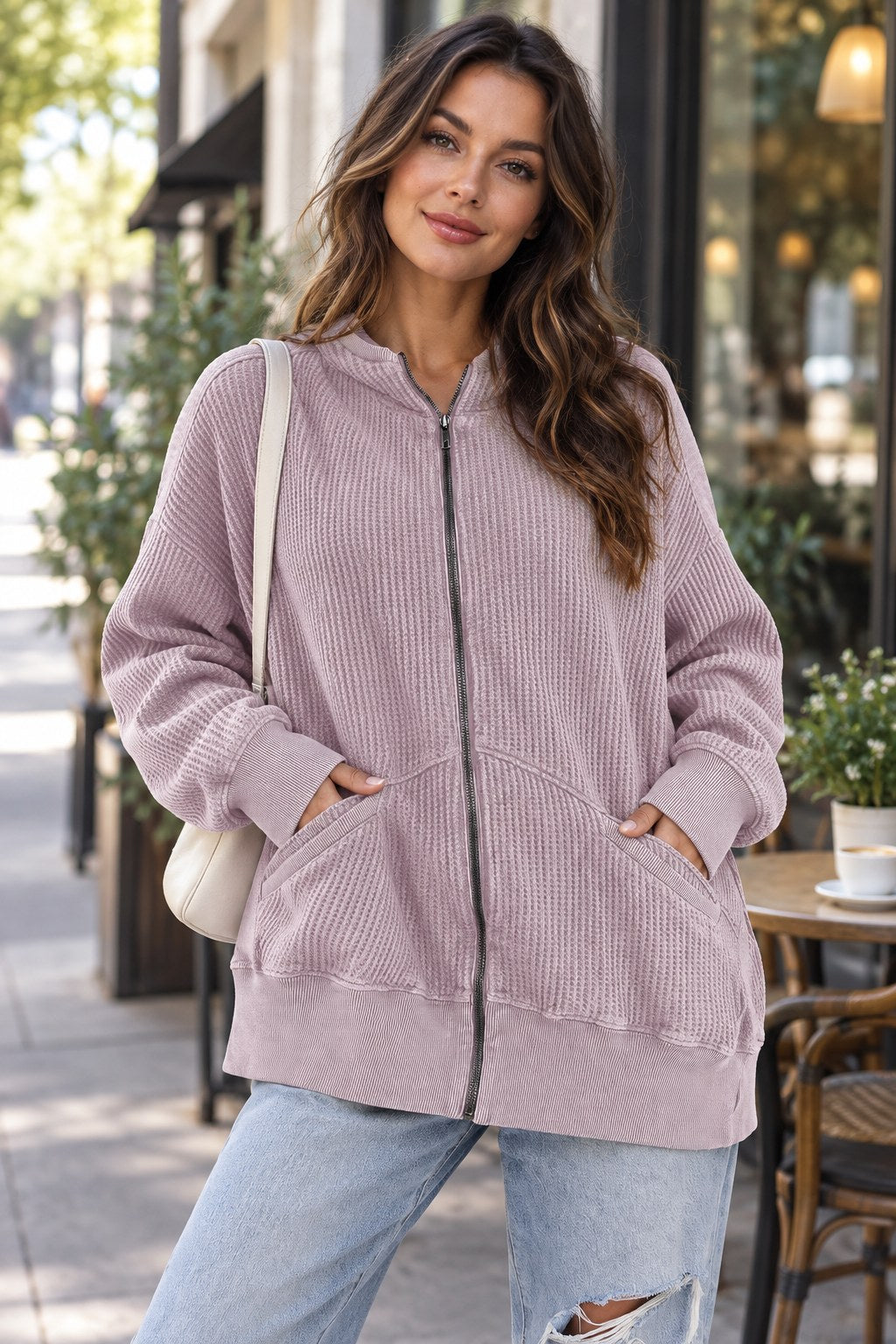 Zip-up Long Sleeve Jacket styled on a model