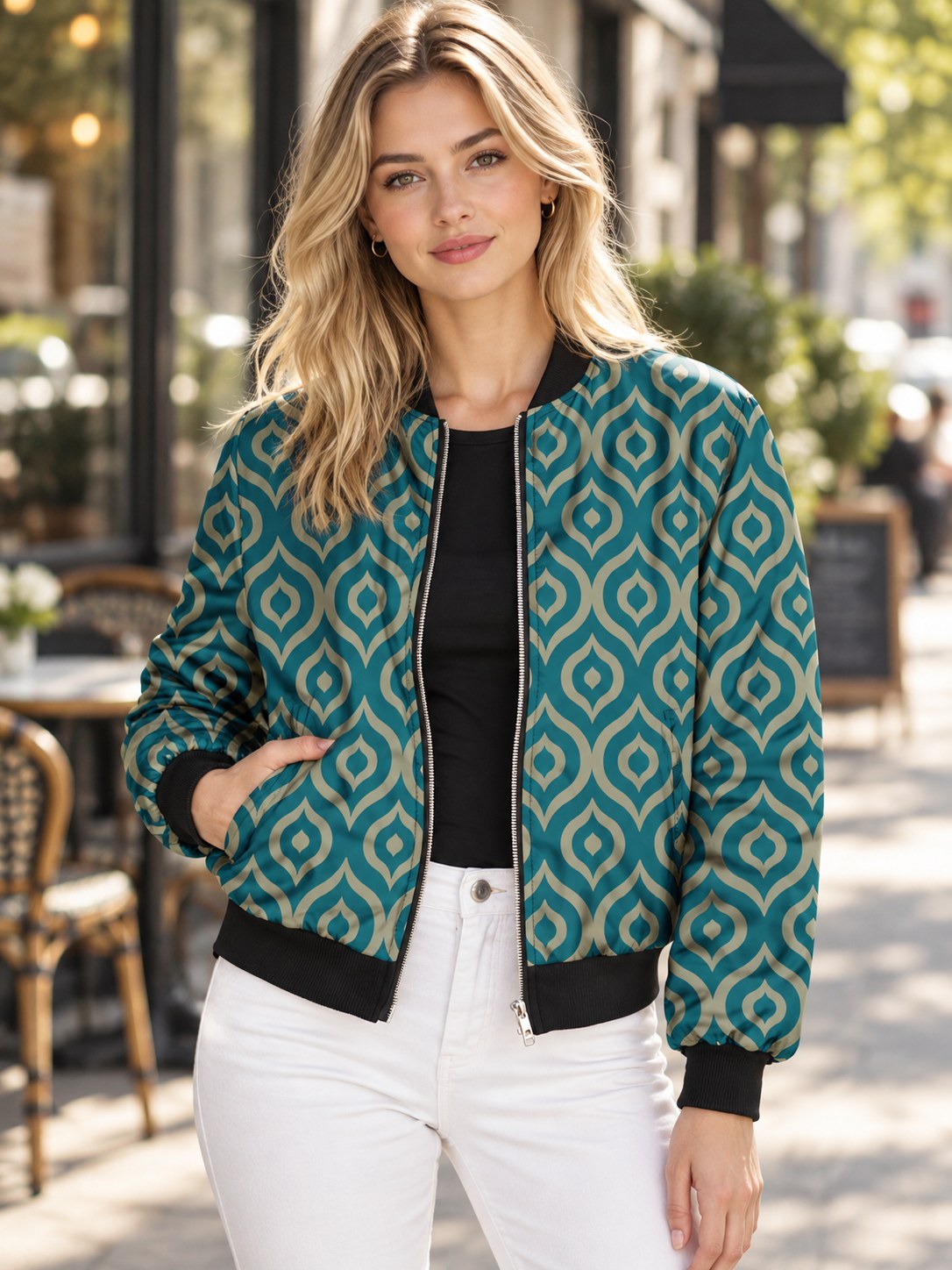 Zip Up Printed Jacket styled on a model
